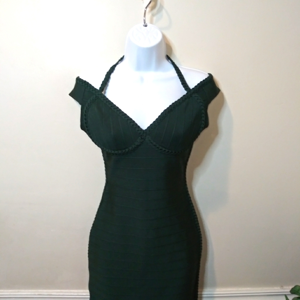AKIRA Sexy Body-Con Dark Green Halter Necked, Off Shoulder Bandage Dress - Picture 2 of 14